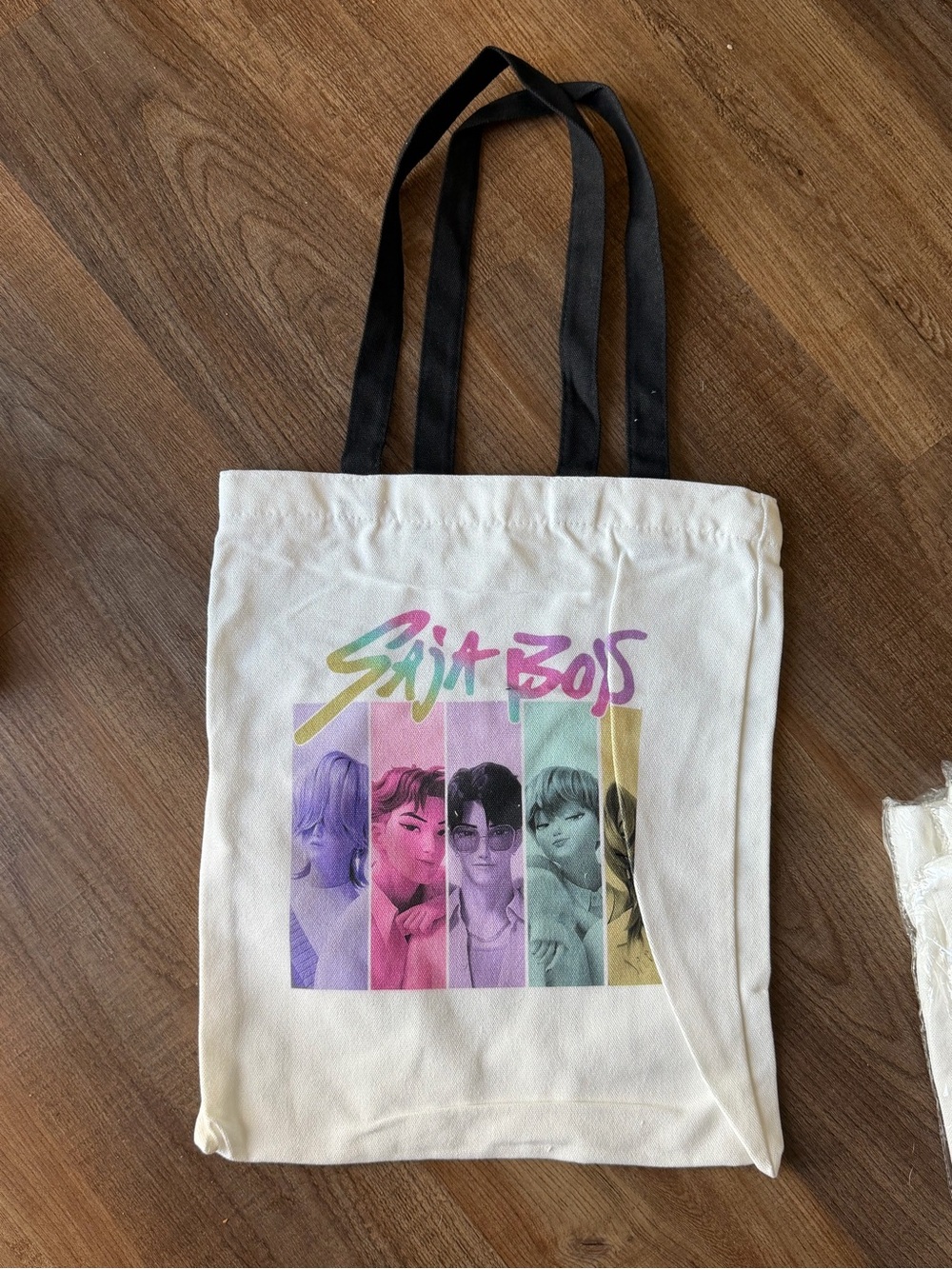 Saja boys White Graphic Canvas Tote Bag with Black Handles